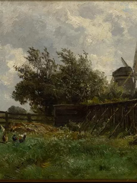 Paisaje Holandés con gallinas y un molino al fondo